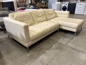 Contemporary Ivory Leather Tufted L-Shaped Sectional with Modern Chrome Legs