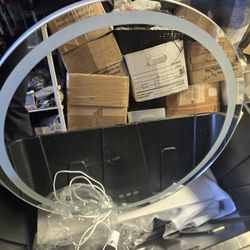 Round Makeup Mirror, Free Standing Vanity Table Lighting Large Gold Mirror With LED Light, 360° Rotation Touch Dimmable 