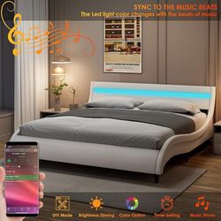 Modern Upholstered Platform Bed Frame with LED Lights and Curved Headboard, Faux Leather Wave-Like Platform Bed Frame,Strong Wood Slats Support, Easy 