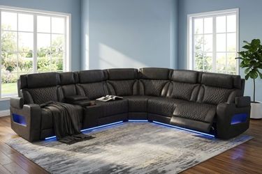 Brand New Black Top Grain Leather Zero Gravity Power Reclining Sectional Sofa w LED Lights