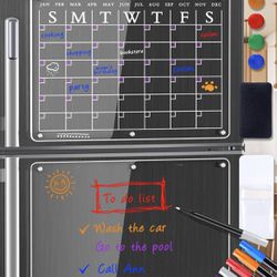 Acrylic Magnetic Calendar Dry Erase Board for Fridge, Ewinvos Clear Magnet Monthly Calendar & Memo Board for Refrigerator and Wall, Reusable Planner B