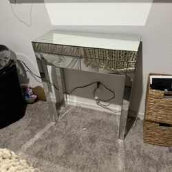 Mirrored entryway table and smaller side table, mirror framed picture