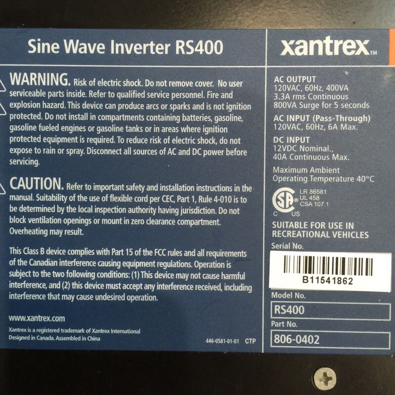Xantrex RS400 inverter, sine wave