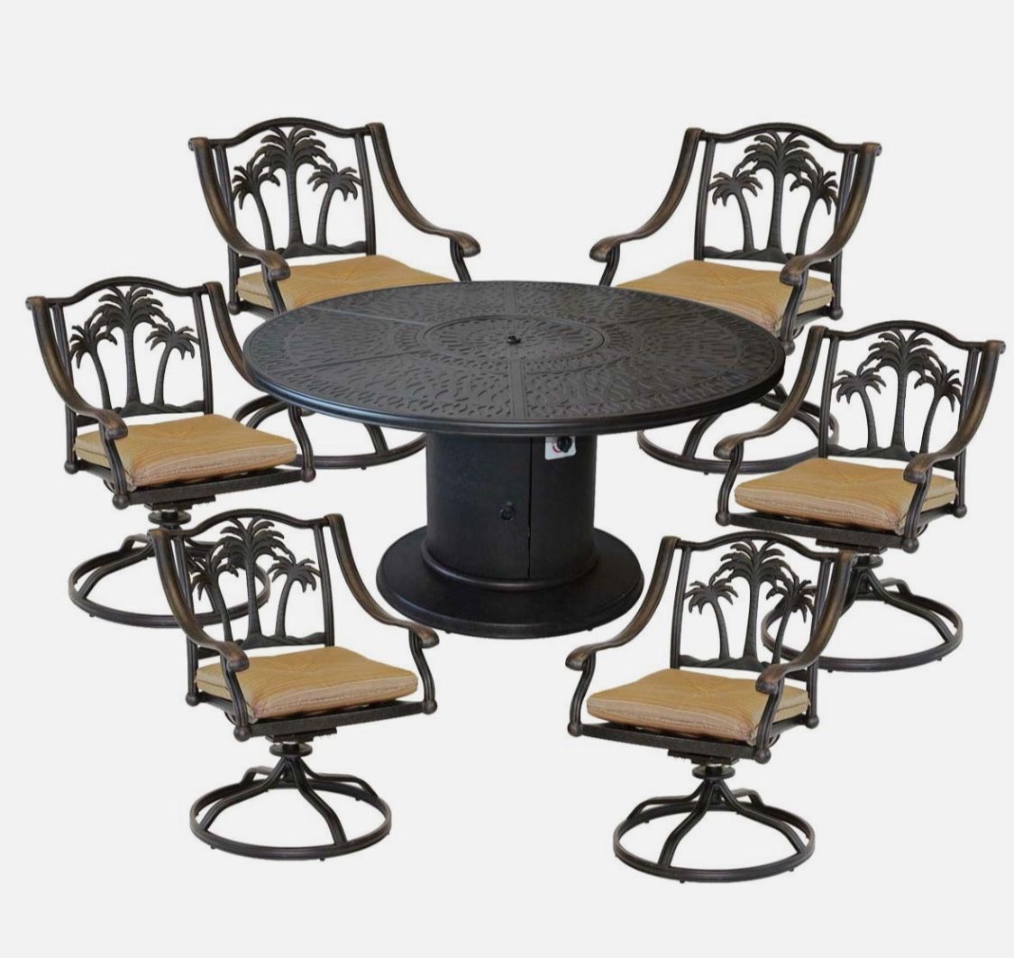 Propane fire pit outdoor grill table 6 Palm Tree swivel rockers with cushions.