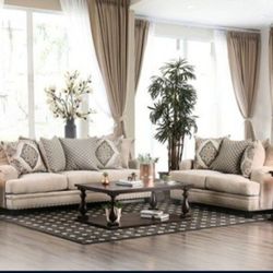 🔥 SPECIAL ROOM PACKAGE 🔥  Brand New Light Brown Chenille Sofa And Love Seat Pillows Included + 3pc Dark Walnut Coffee Table Set 