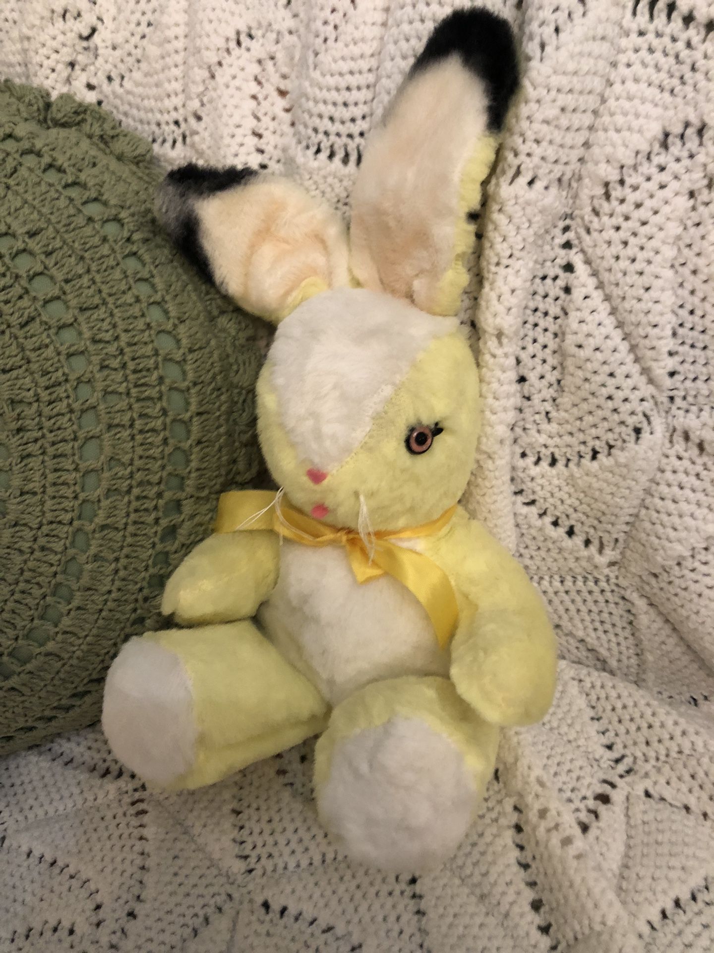 Vintage Stuffed Easter Bunny Toy, 12" Yellow Rabbit w/ Pink Eyes by Trudy Toys, Stuffed Animal / Plushie