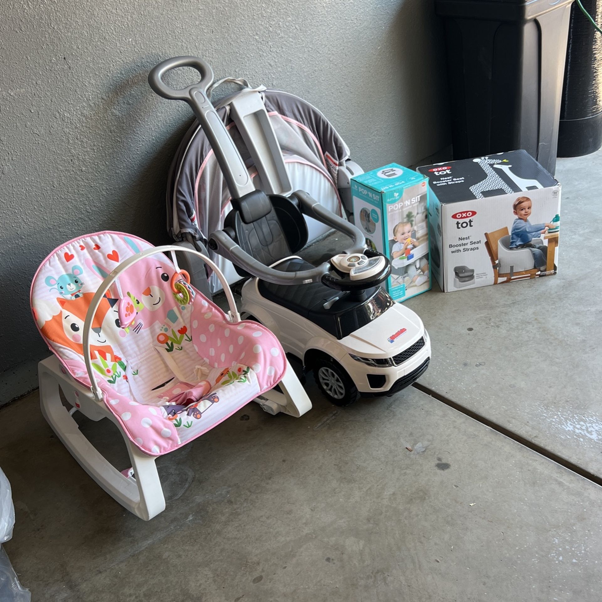 Infant/Toddler Rocking chair, Car Stroller, Seat boosters (2), & Portable Bassinet Travel