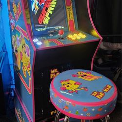 Custom Ms Pac Man Arcade 1up With Over 12,000 Games and Matching Stool 