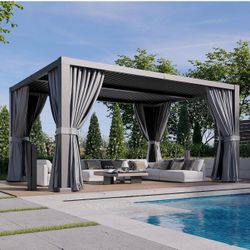 Louvered Pergola 12' x 16' Aluminum Outdoor Pergola with Independent Adjustable Roofs, Waterproof Curtains and Netting, Built-in Drainage System for P