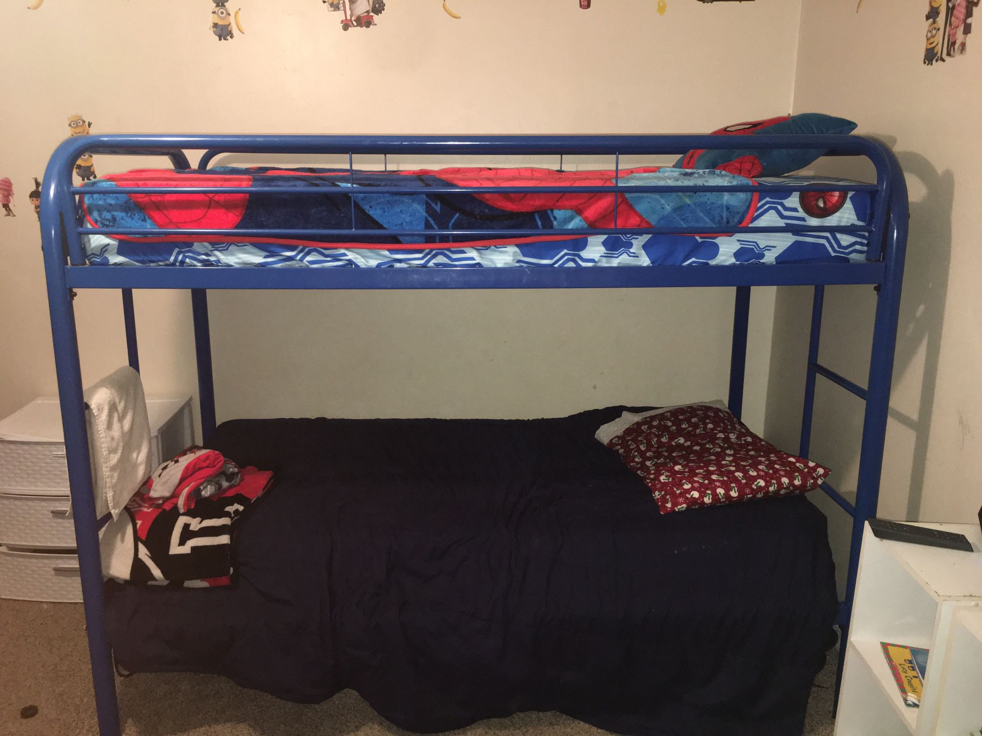 2 Metal frame bunk bed set blue in great condition and one wooden frame from a smoke free home