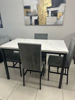 Dining Table Set for 4 – Faux Marble Table & 4 Chairs