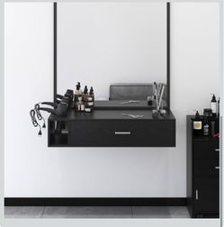 Wall Mount Salon Station, Black Barber Station Organizer with Drawer and Shelves, Hair Salon Station with 3 Dryer Holders, Salon Station Wall Mount fo