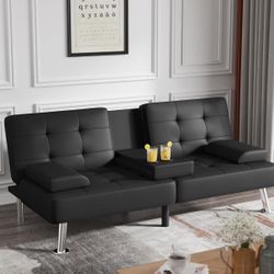 Flamaker Futon Sofa Bed Modern Folding Futon Set Convertible Recliner Lounge for Living Room with 2 Cup Holders, Removable Armrests (PU Leather, Black