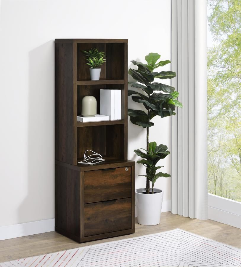 **SALE** 3-Shelf Bookcase with USB and Lockable Drawers In Dark Pine Finish!
