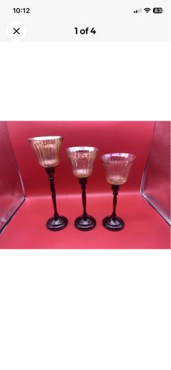 Patterned Glass Amber Votive Candle Holders Set of 3 Tiered Black Pedestal