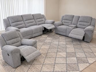 Beautiful Brand New Dual Reclining Sofa, Loveseat and Glider Reclining Chair