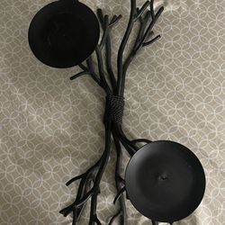 VTG CRATE & BARREL TWIG BRANCHS: BLACK STEEL 2 CANDLE TABLE FIXTURE (17" LONG)