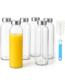 24oz Glass Water Bottle Set of 6, Leak Proof Clear glass juice bottle for juicing, Reusable Drinking Bottles with Stainless Steel Lid, Beverage Storag