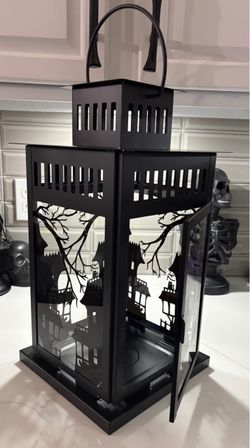Large Halloween black cat ghost metal glass haunted house candle holder lantern decoration (2 avail)