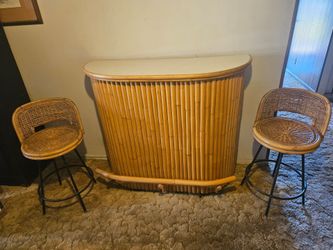Rolling Bamboo Tiki Bar with 2 Barstools: Like-new