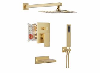 Gold Shower System with Tub Spout, All Metal Tub Shower Faucet Set with 10" Rain Shower Head and Handheld Spray combo, Wall Mounted Tub Shower Systems