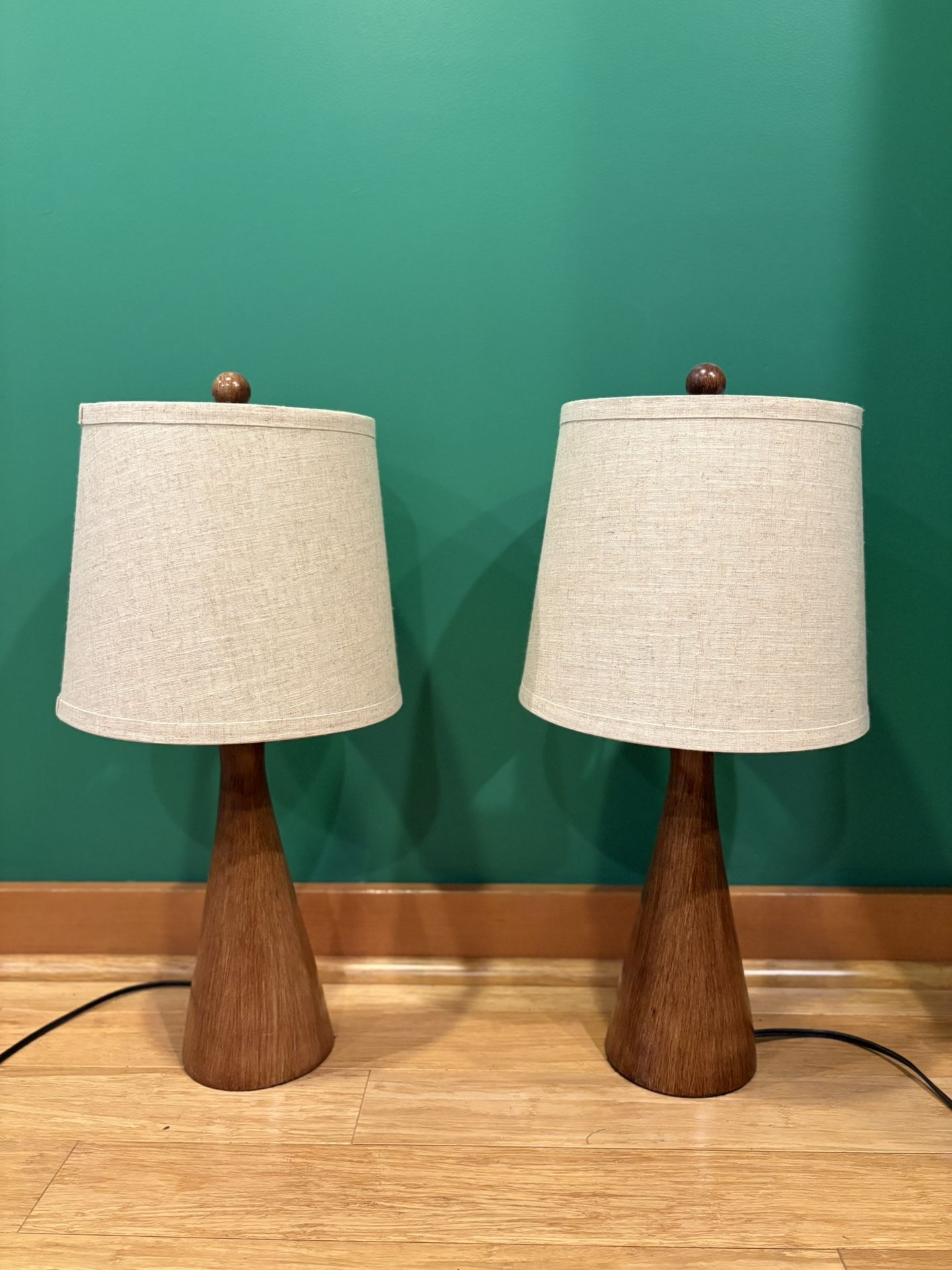 Pair of Wooden Lamps with Cream Shades