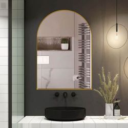 24 in. W x 36 in. H Arched Metal Medicine Cabinet with Mirror in Gold, Recessed and Wall Medicine Cabinet for Storage
