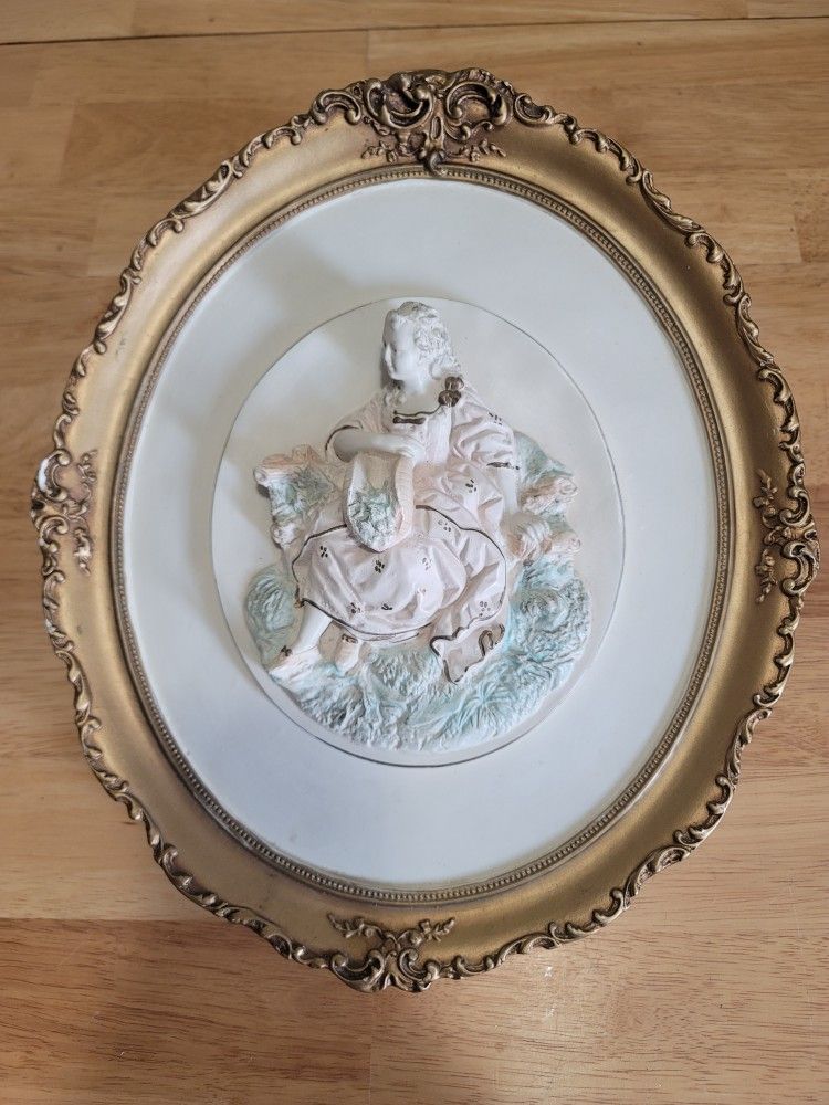 Alexander Backer 3D Chalkware Romantic Couple Wall Plaque Gold Frame 1950 for Sale