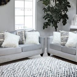 Silver Sofa And Loveseat Fully Pillowed