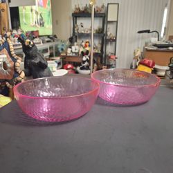 Translucent Pink Glass Set Of 2 Serving Bowls, Hammered With Optic Motif 8"W X 2.5"H