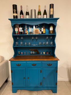 Blue Painted Wood Hutch Cabinet