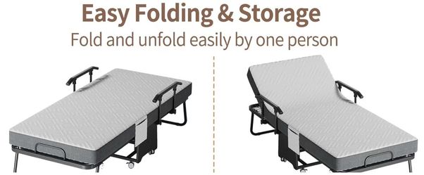 Deluxe Folding Bed with 5" Memory Mattress, Adjustable Backrest, Foldable Handrail Portable Bed for Adults, Roll Away Foldable Beds on Wheels for Gues