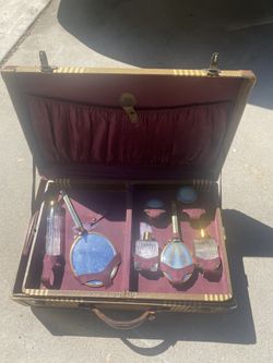 Vintage Luggage Set With Accessories and Glass Bottles