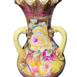 Antique Nippon 3-Handle Hand Painted Floral Vase Rare  