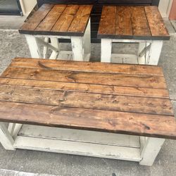 Solid Wood Distressed Coffee And 2 End Tables