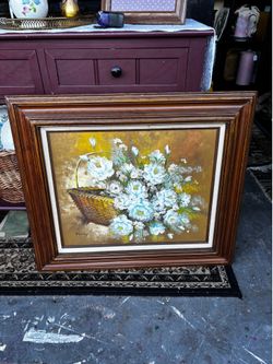 Large original signed oil painting country cottagecore Grandmacore flowers in basket wood Frame