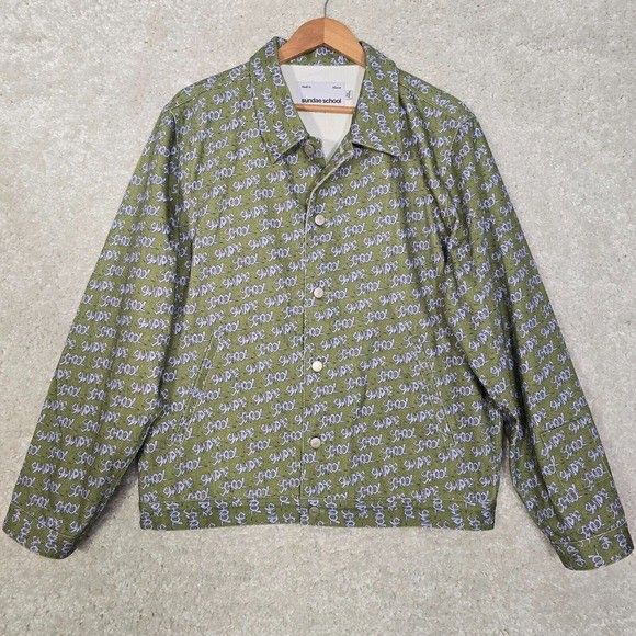 Sundae School Jacket Mens Large Green Kale Denim Script Logo Button Streetwear