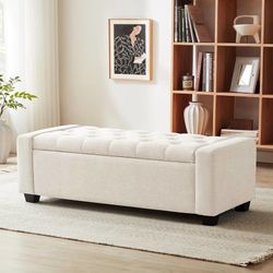 48" Ottoman with Storage, Beige Storage Ottoman Bench Upholstered Entryway Bench with Seating for Bedroom, Living Room, with Safety Hinge, Holds up to