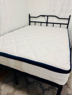 Full size metal bed frame w/ charging station & 12 inch hybrid mattress