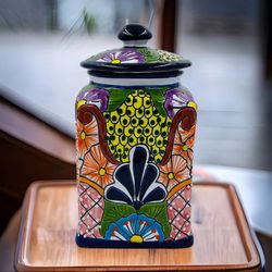 10.5” Talavera Canister Jar Multicolor Floral Design Hand Painted Folk Art