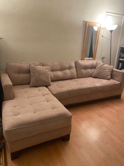 L shaped Tan Microfiber Tufted Sectional Sofa with Chaise