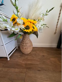 Woven Seagrass Vase with Faux Sunflowers, White Florals & Pampas Grass