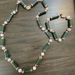 14k Jade And Coral Necklace And Bracelet 