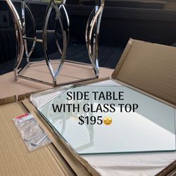 NEW SILVER SIDE TABLE WITH GLASS TOO