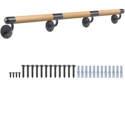 Dolibest 3-10 ft Wood Indoor Stair Handrail-Wall Mount w/Sturdy Metal Barckets, Non-Slip and Comfty Handrail Barrier-Free Staircase Grab Bar