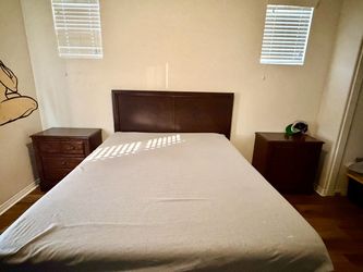 Dark Wood Queen Bed Frame with Two Nightstands
