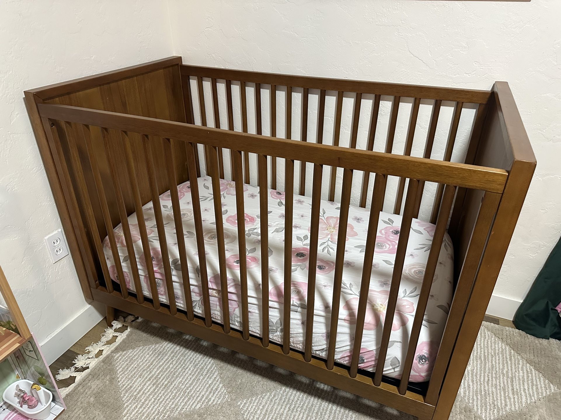 Convertible Solid Wood Crib, Mattress, and Memory Foam Topper