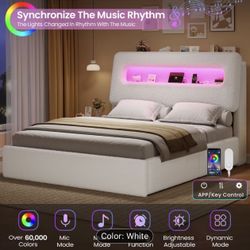 Queen LED bed frame with charging station, 4 drawer, app controlled RGB lighting and headboard storage Brand new