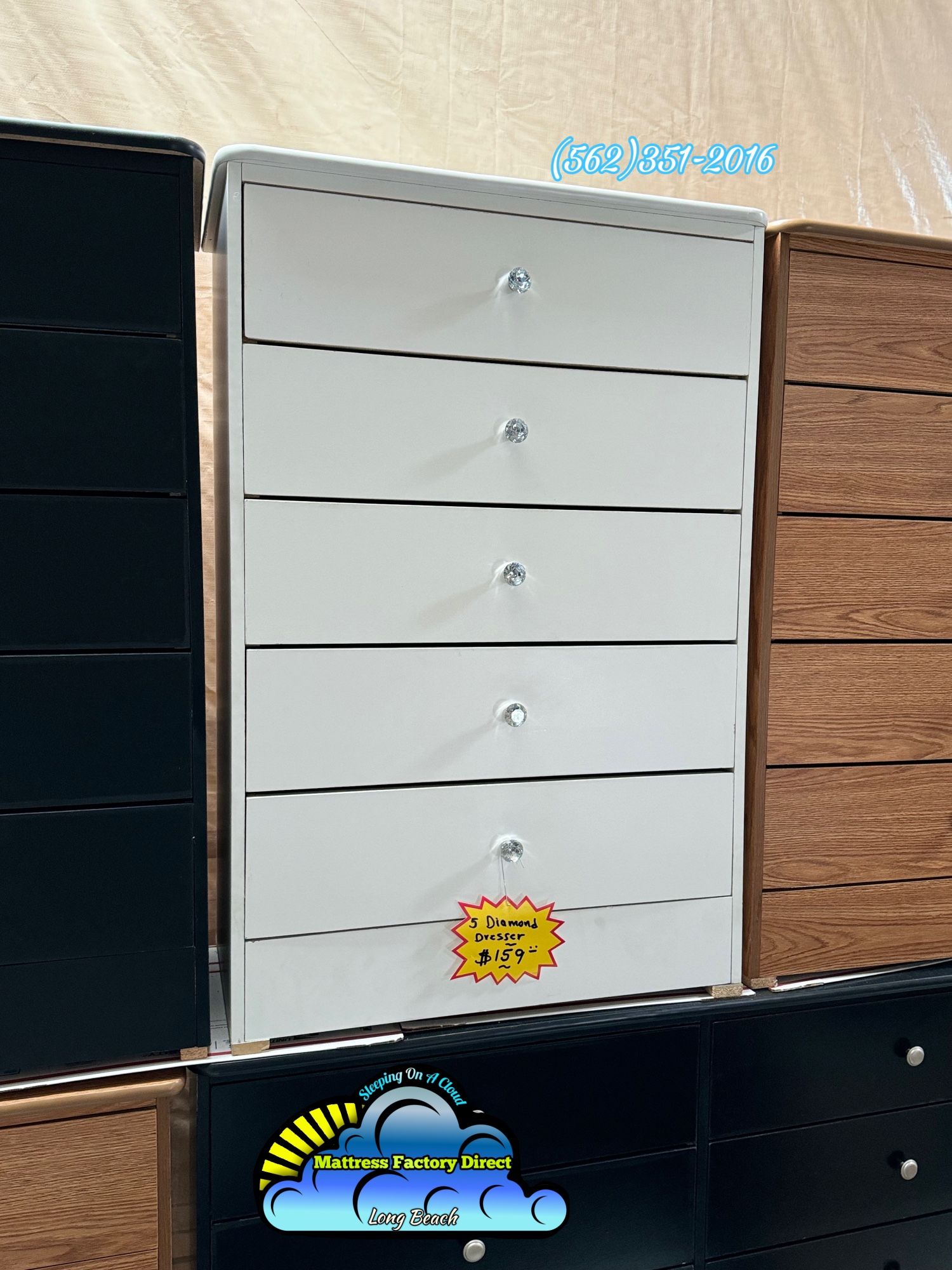 New Fully Assembled White Wood 5 Drawer w/ Diamond Knobs