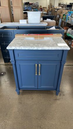 Aberdeen 30” single sink freestanding midnight blue bath vanity with Carrara marble top